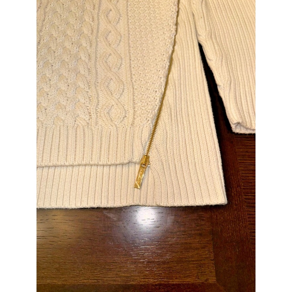 Michael Kors XL Cream Cable Knit Sweater Gold‎ Zip Side Pullover Cotton Blend - Picture 2 of 13